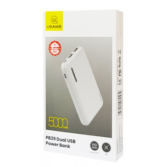 USAMS power bank PB39 5000mAh, slim, 2x output, 2A, λευκό