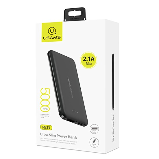 USAMS power bank PB33 5000mAh, slim, 1x output, 2.1A, μαύρο