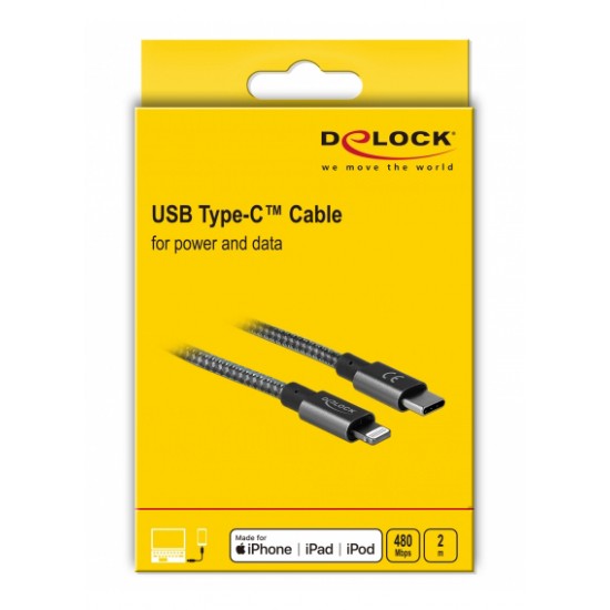 DELOCK Καλώδιο USB Type-C σε Lightning 85298, copper, 480Mbps, 2m, γκρι