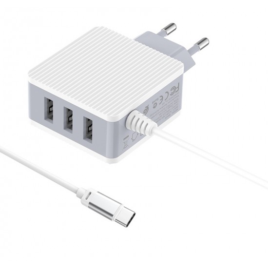 BOROFONE φορτιστής τοίχου Joyful BA42A με καλώδιο Type-C, 3x USB, λευκός