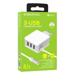 BOROFONE φορτιστής τοίχου Joyful BA42A με καλώδιο Micro, 3x USB, λευκός