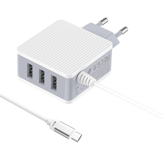 BOROFONE φορτιστής τοίχου Joyful BA42A με καλώδιο Micro, 3x USB, λευκός