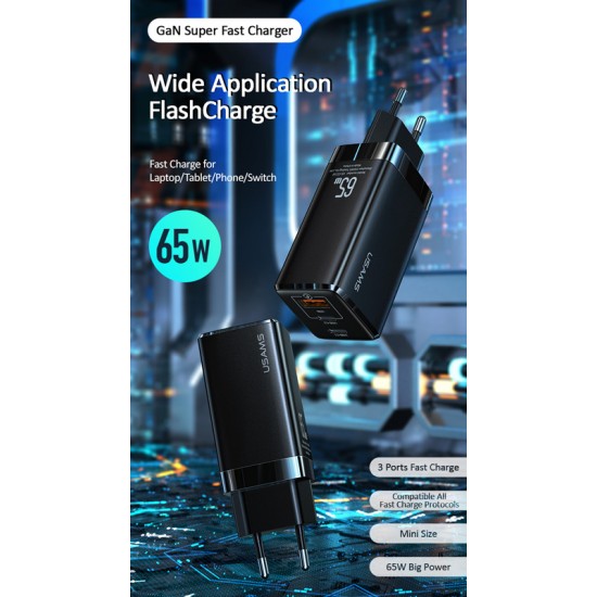 USAMS φορτιστής τοίχου US-CC110, USB & 2x USB Type-C, 65W 3A, μαύρος