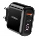 USAMS φορτιστής τοίχου T23, USB & type-C, οθόνη, 18W 3A, μαύρος