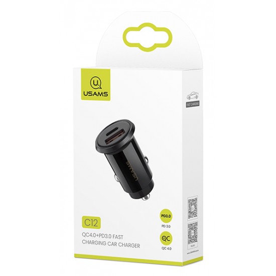 USAMS φορτιστής αυτοκινήτου C12, USB & type-C, 5A 30W, μαύρος