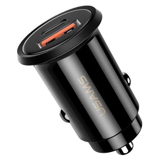 USAMS φορτιστής αυτοκινήτου C12, USB & type-C, 5A 30W, μαύρος