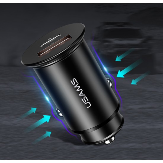 USAMS φορτιστής αυτοκινήτου C15, USB & type-C, 5A, μεταλλικός, μαύρος