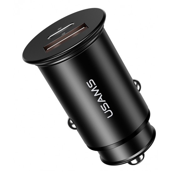 USAMS φορτιστής αυτοκινήτου C15, USB & type-C, 5A, μεταλλικός, μαύρος