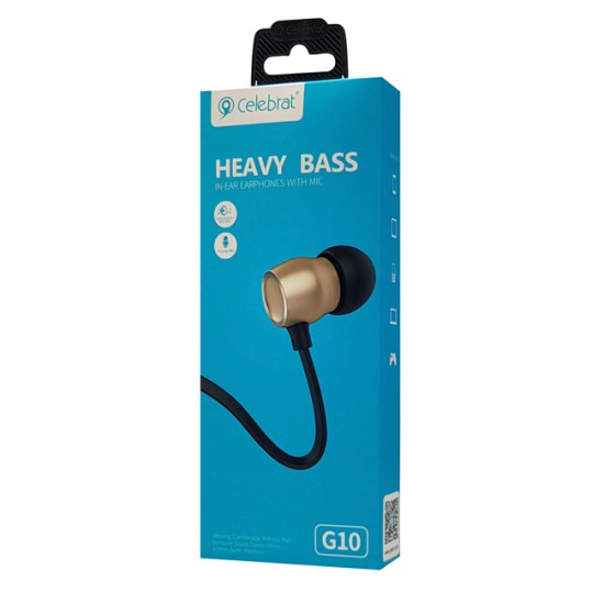 CELEBRAT earphones με μικρόφωνο G10, 10mm, 3.5mm, 1.2m, χρυσά