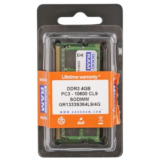 GOODRAM Μνήμη DDR3 SODIMM GR1333S364L9S-4G, 4GB, 1333MHz, PC3-10600, CL9