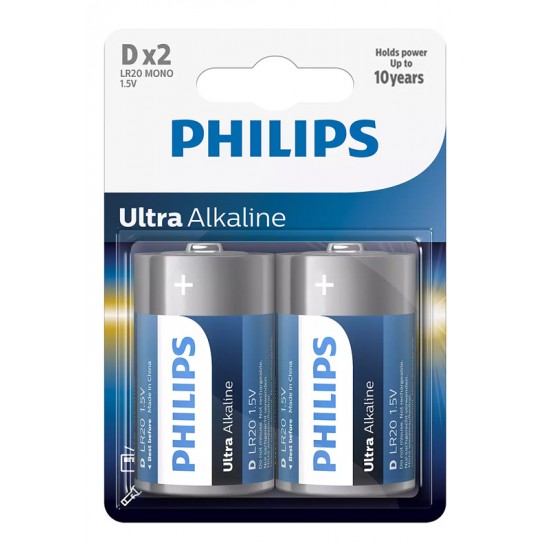 PHILIPS Ultra αλκαλικές μπαταρίες LR20E2B/10, Mono D LR20 1.5V, 2τμχ