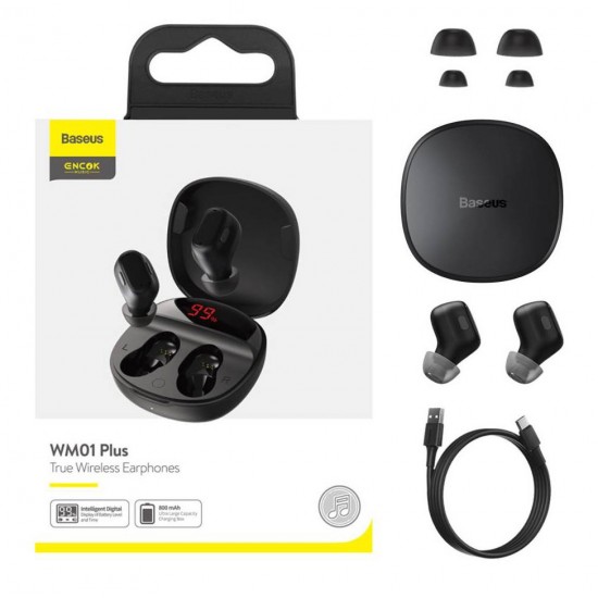 BASEUS earphones Encok WM01 Plus True Wireless, με θήκη φόρτισης, μαύρα