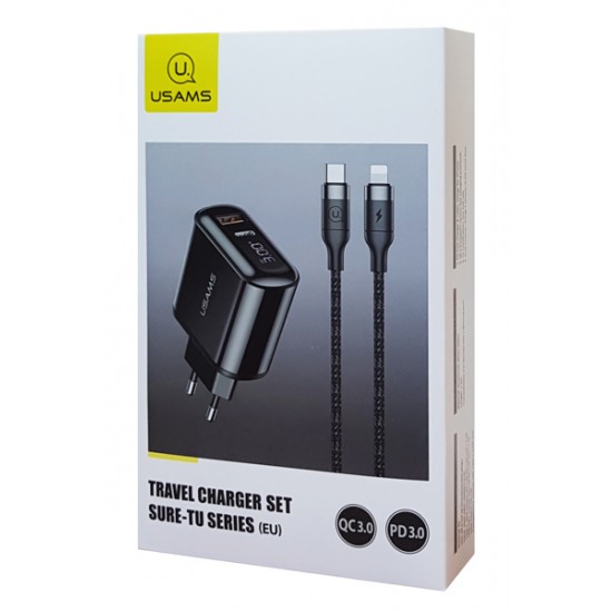 USAMS φορτιστής τοίχου T23 & καλώδιο, USB & type-C, οθόνη, 18W, μαύρος