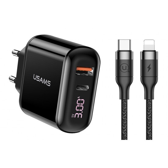 USAMS φορτιστής τοίχου T23 & καλώδιο, USB & type-C, οθόνη, 18W, μαύρος