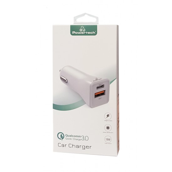 POWERTECH Φορτιστής Αυτοκινήτου PT-712, 1x USB, 1x Type-C, 3A, λευκό