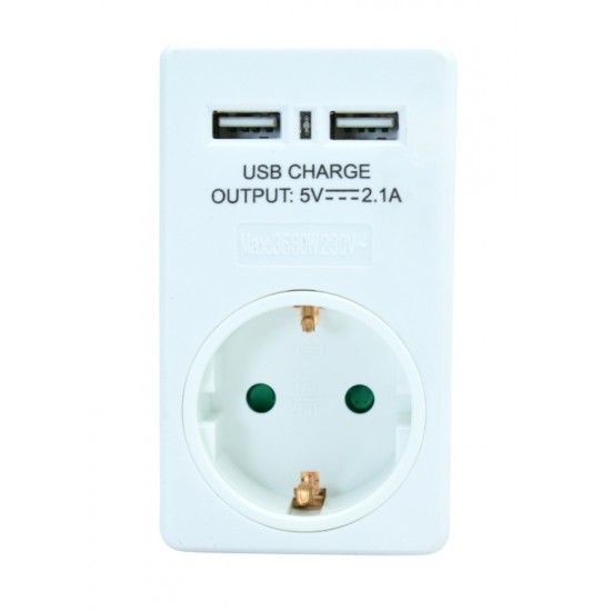 POWERTECH Αντάπτορας ρεύματος schuko PT-767, 2x USB, λευκός