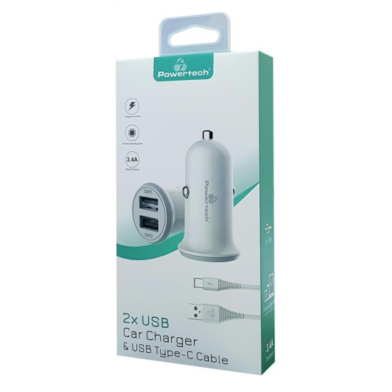 POWERTECH Φορτιστής αυτοκινήτου & καλώδιο Type-C PT-773, 2x USB, 3.4A