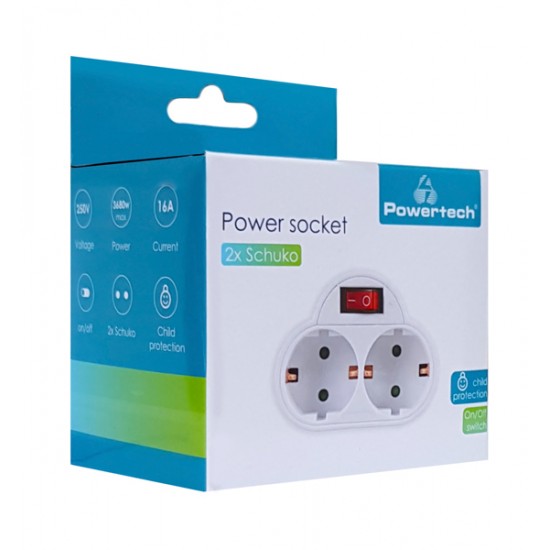 POWERTECH αντάπτορας ρεύματος PT-814, 2x schuko, 250V 16A, λευκός