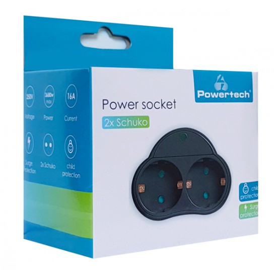 POWERTECH αντάπτορας ρεύματος PT-819, 2x schuko, 250V 16A, μαύρος