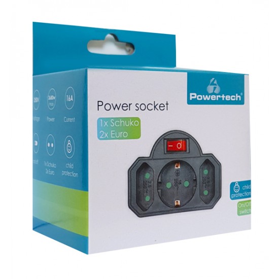 POWERTECH αντάπτορας ρεύματος PT-827, 1x schuko, 2x euro, 16A, μαύρος