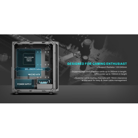 POWERTECH Gaming case PT-839, tempered glass, 3x 120mm fans (2x RGB)