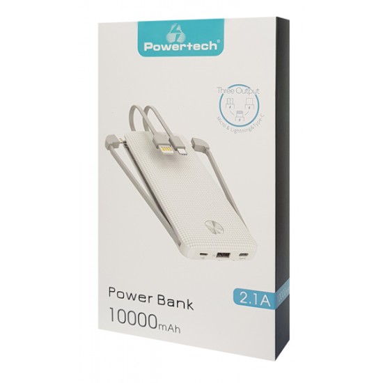 POWERTECH Power Bank PT-866 10000mAh, 3x Output, 2.1A, λευκό