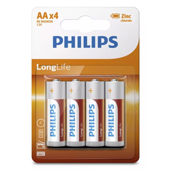 PHILIPS LongLife Zinq chloride μπαταρίες R6L4B/10 AA R6 Mignon, 4τμχ
