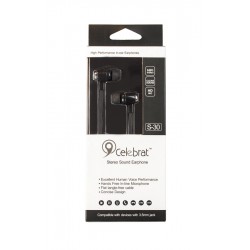 CELEBRAT Earphones με μικρόφωνο S-30, on/off, 10mm, 1.2m flat, μαύρα
