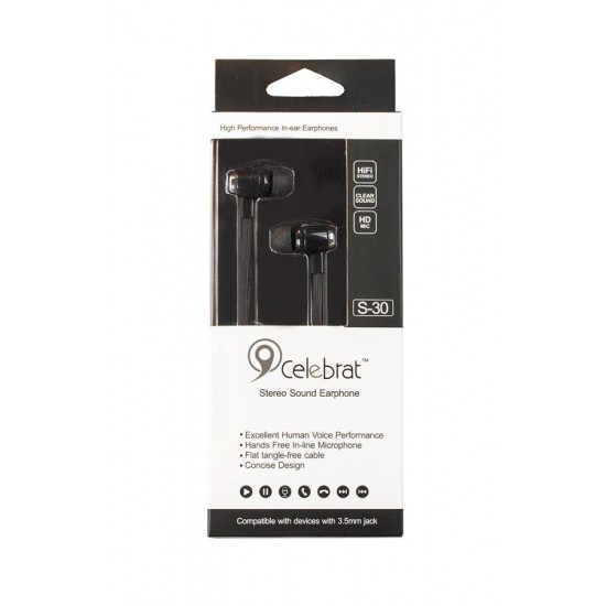 CELEBRAT Earphones με μικρόφωνο S-30, on/off, 10mm, 1.2m flat, μαύρα