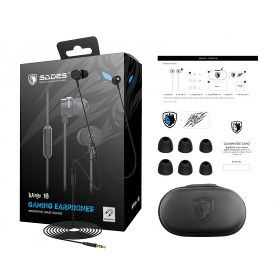 SADES Gaming earphones Wings 10, magnetic, 10mm, 3.5mm, μαύρα