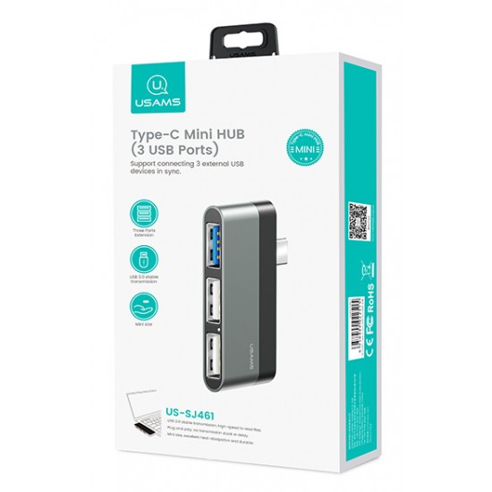 USAMS USB Type-C hub SJ461, 1x USB 3.0, 2x USB 2.0, γκρι