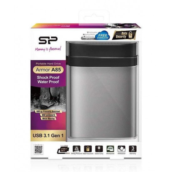 SILICON POWER εξωτερικός HDD 1TB Armor A85, USB 3.1, ασημί