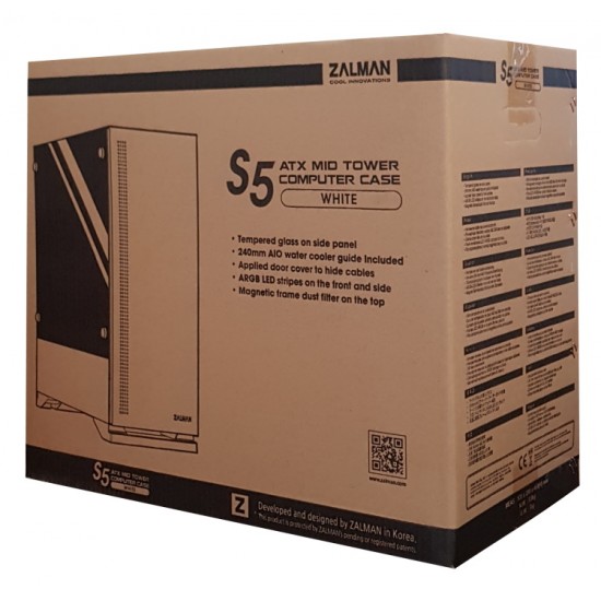 ZALMAN PC case S5 mid tower 398x212x465mm, 2x fan, διάφανο πλαϊνό, λευκό