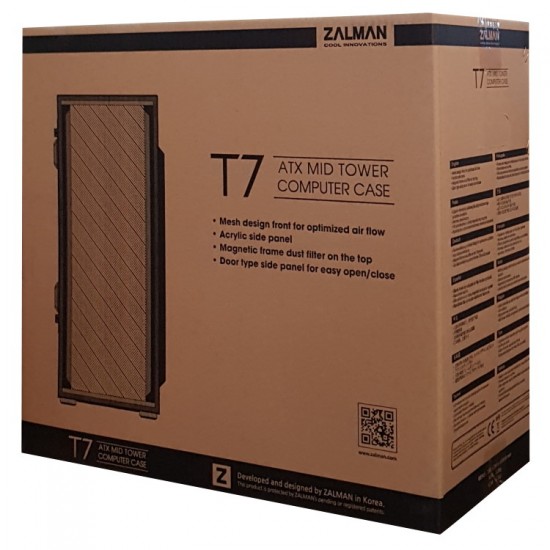 ZALMAN PC case T7, mid tower, 384x202x438mm, 2x fan, διάφανο πλαϊνό