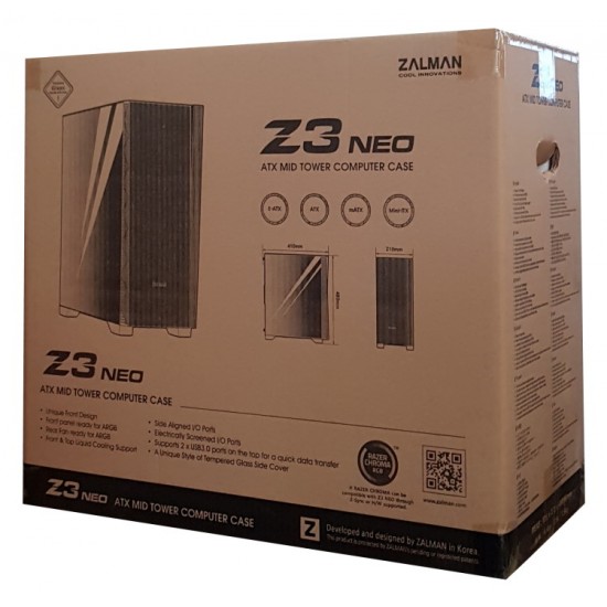 ZALMAN PC case Z3 NEO, mid tower, 410x210x480mm, 2x fan, διάφανο πλαϊνό